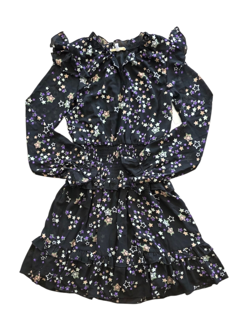 Hannah Banana Black Star-Print Ruffle Dress with Purple & Cream Stars Teen 14